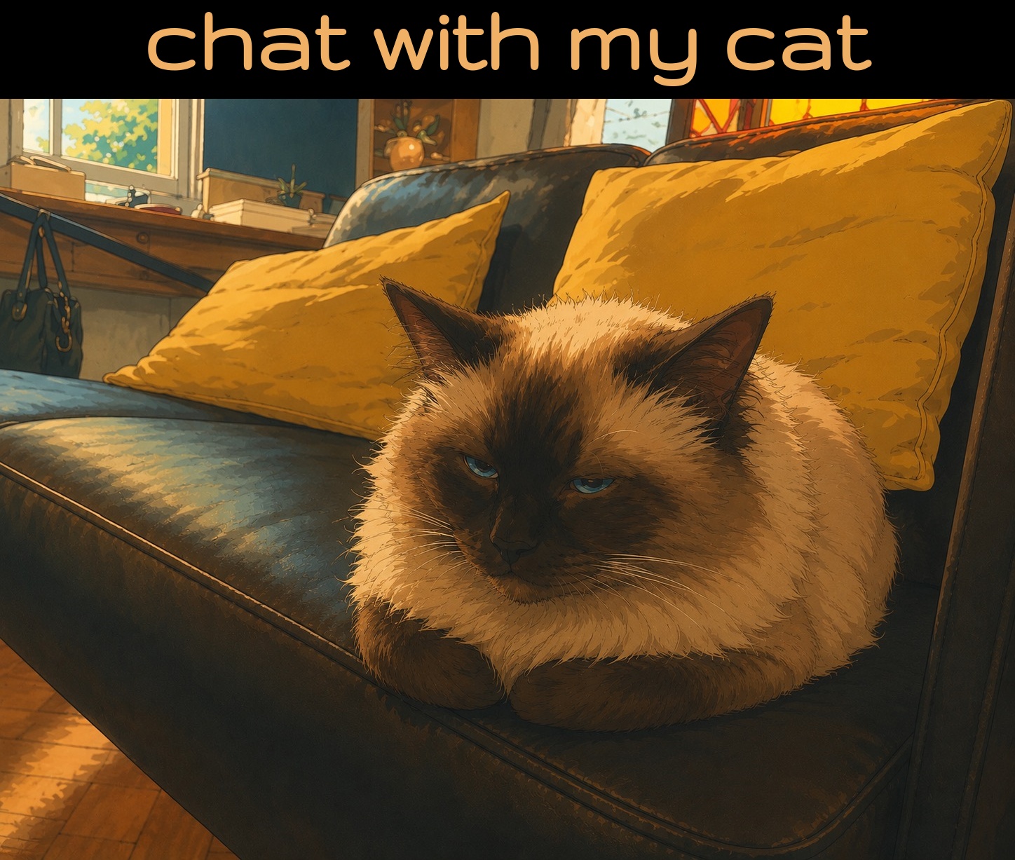 Birman cat in sphinx pose, Ghibli style, dark sofa with golden cushions