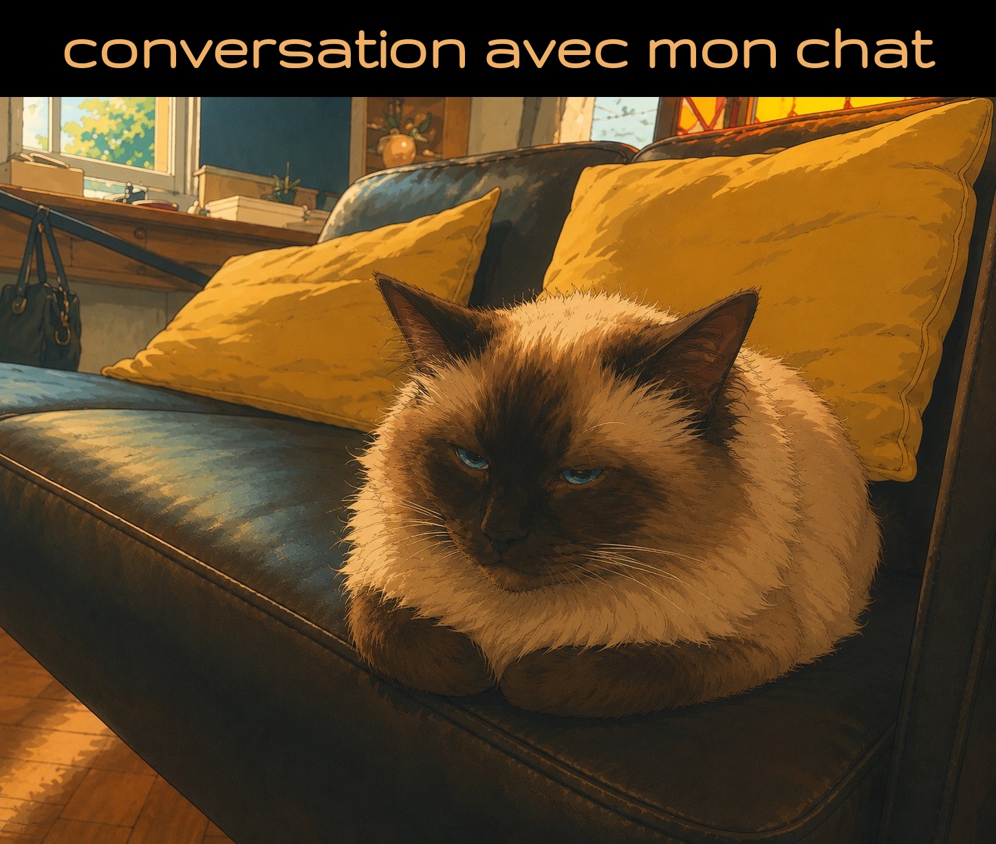 chat birman en pose sphinx, style Ghibli, canapé sombre avec coussins dorés